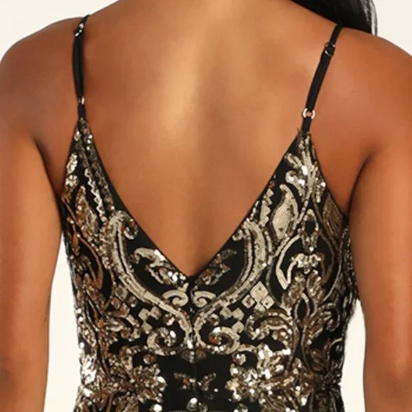 Lulus Truly Alluring Black And Gold Sequin Mermaid Maxi Dress - Size M - Picture 2 of 6